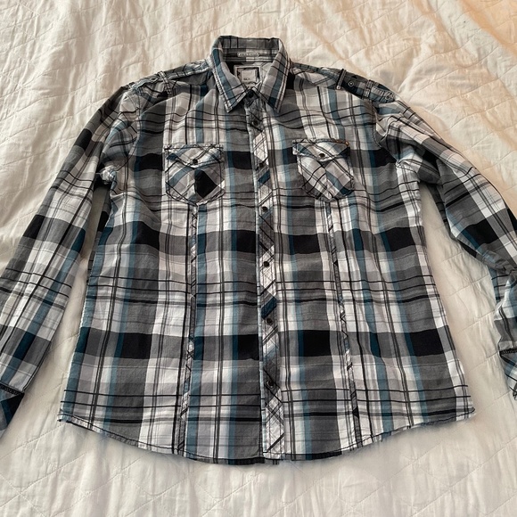 BKE Buckle Plaid Button Flannel Striped Shirt Grey White Cotton Athletic Fit - Picture 1 of 3